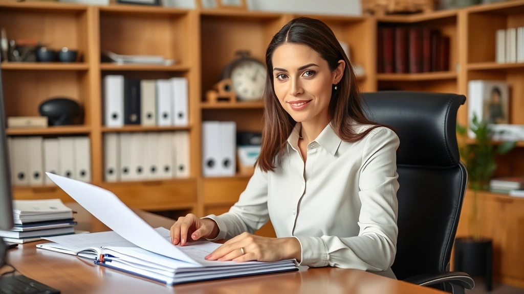 Professional woman at desk reviewing official documents and correspondence with confident expression in organized home office