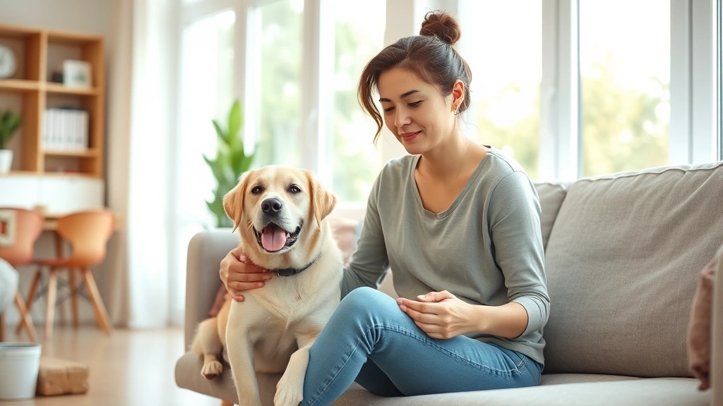 Woman sitting peacefully with emotional support dog in bright living room natural light calm comfortable