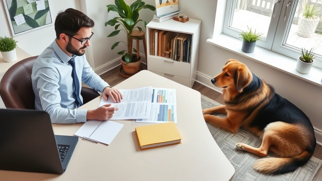 Person at desk reviewing documents with service dog resting nearby professional home office setting