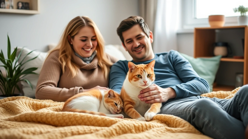 Diverse couple with emotional support cat in apartment bedroom cozy safe environment disability support
