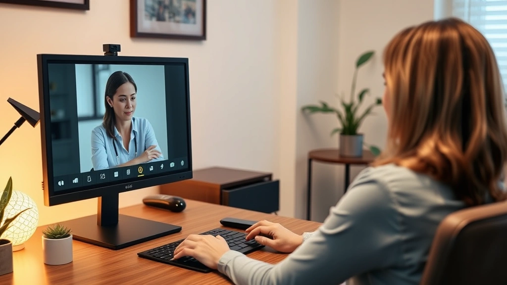 Licensed therapist in professional office conducting video consultation with patient on computer screen, warm lighting, calm