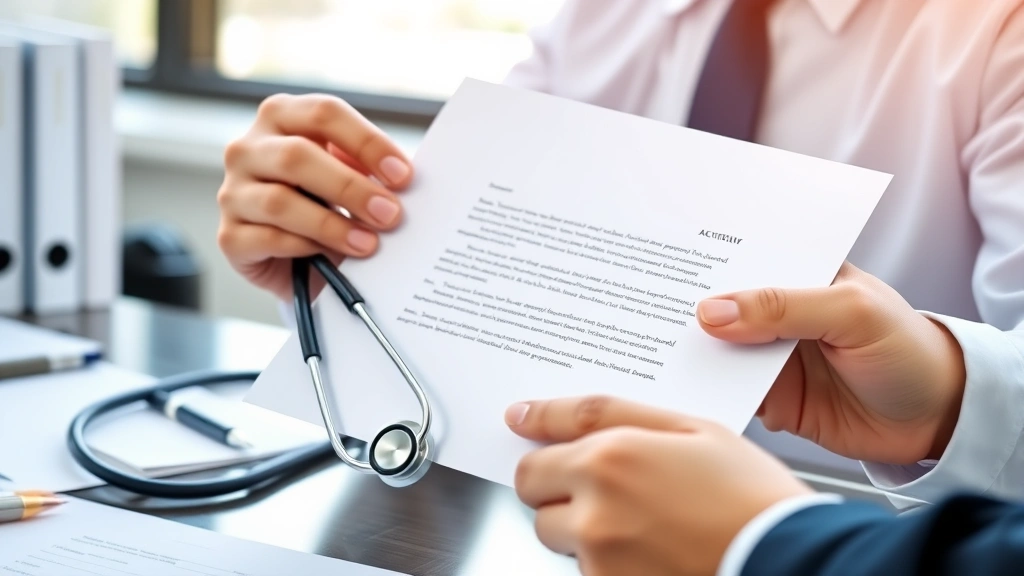 Hands holding official letterhead document with stethoscope and pen, professional desk setting, natural daylight