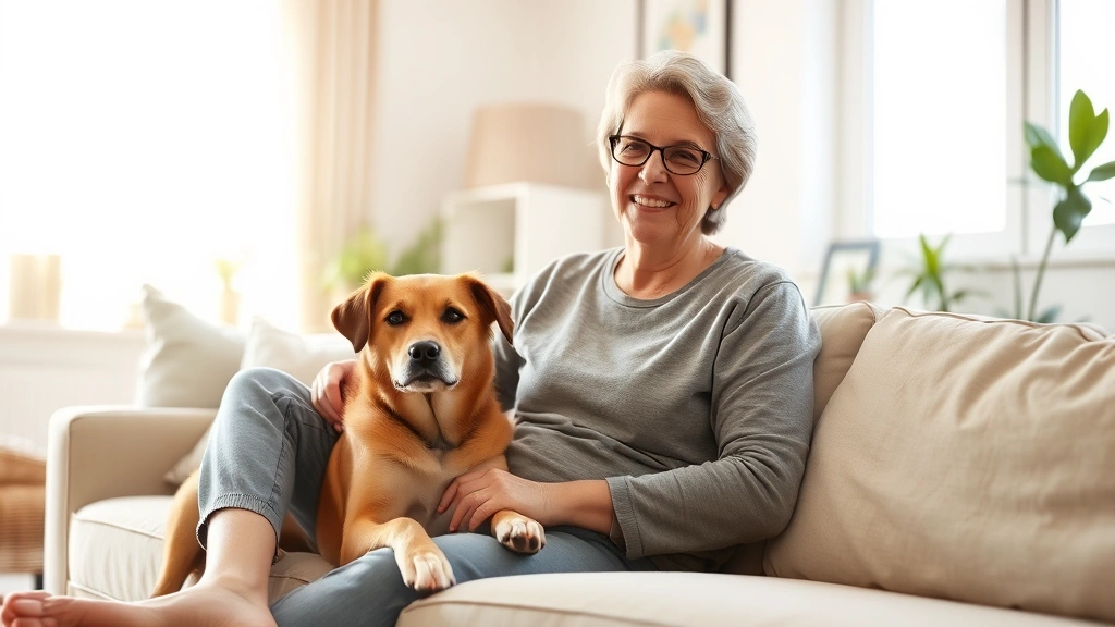 Person sitting peacefully with emotional support dog on lap, sunlit living room, calm expression, natural home setting
