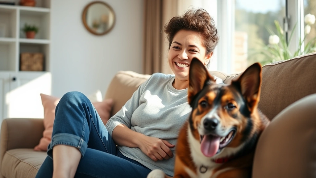 Diverse woman sitting on apartment couch smiling with calm emotional support dog beside her, natural sunlight