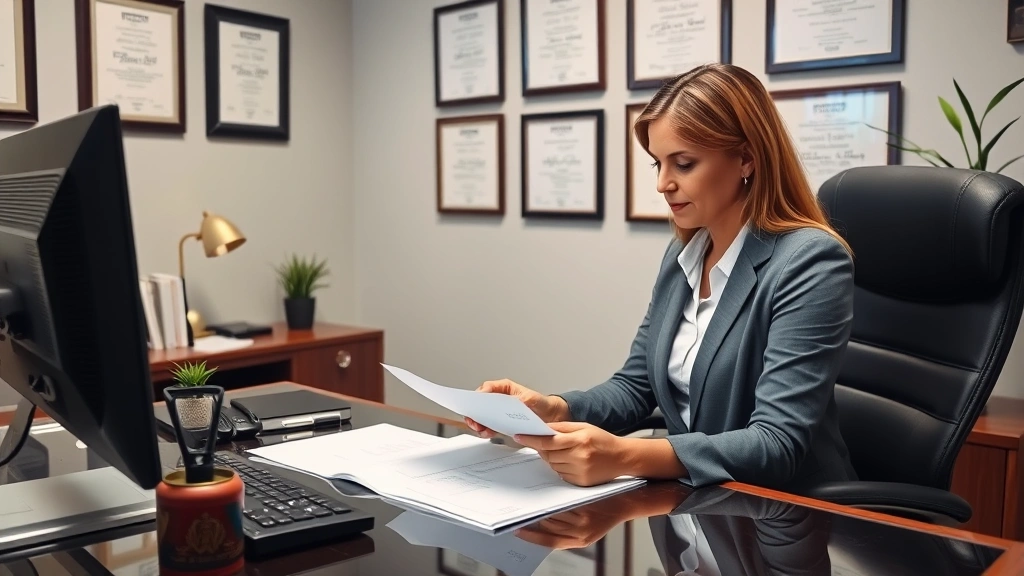 Licensed therapist at desk reviewing documents in professional office setting with diplomas on wall