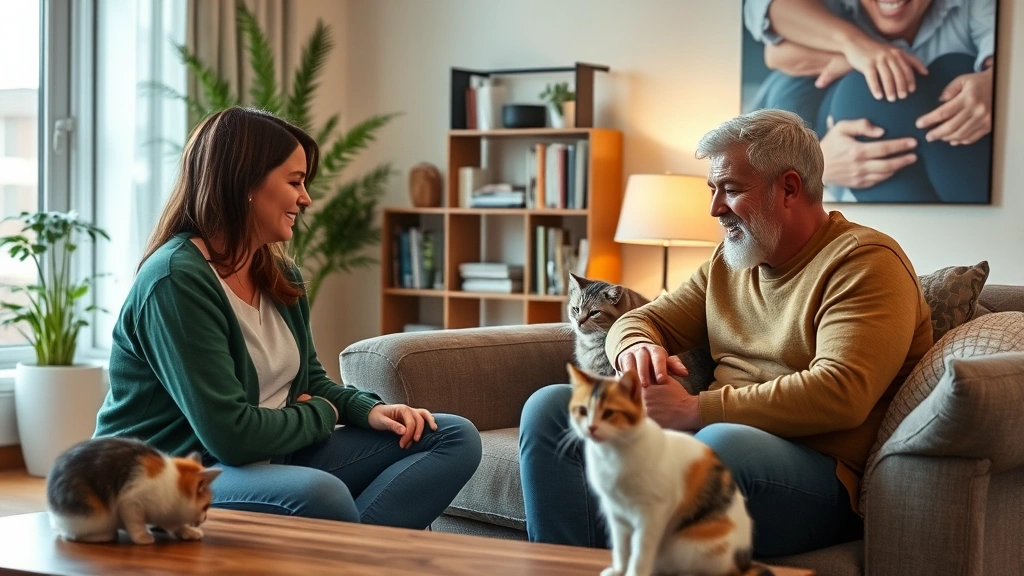 Tenant and landlord having respectful conversation in rental apartment living room with emotional support cat present