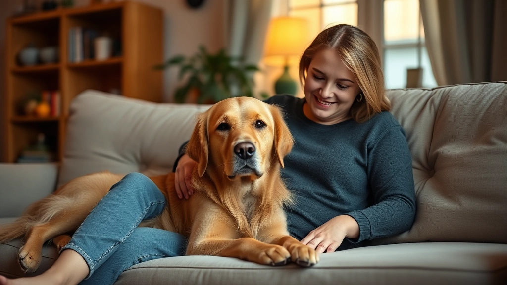 Woman sitting on couch with calm golden retriever, warm lighting, peaceful home interior, emotional comfort scene