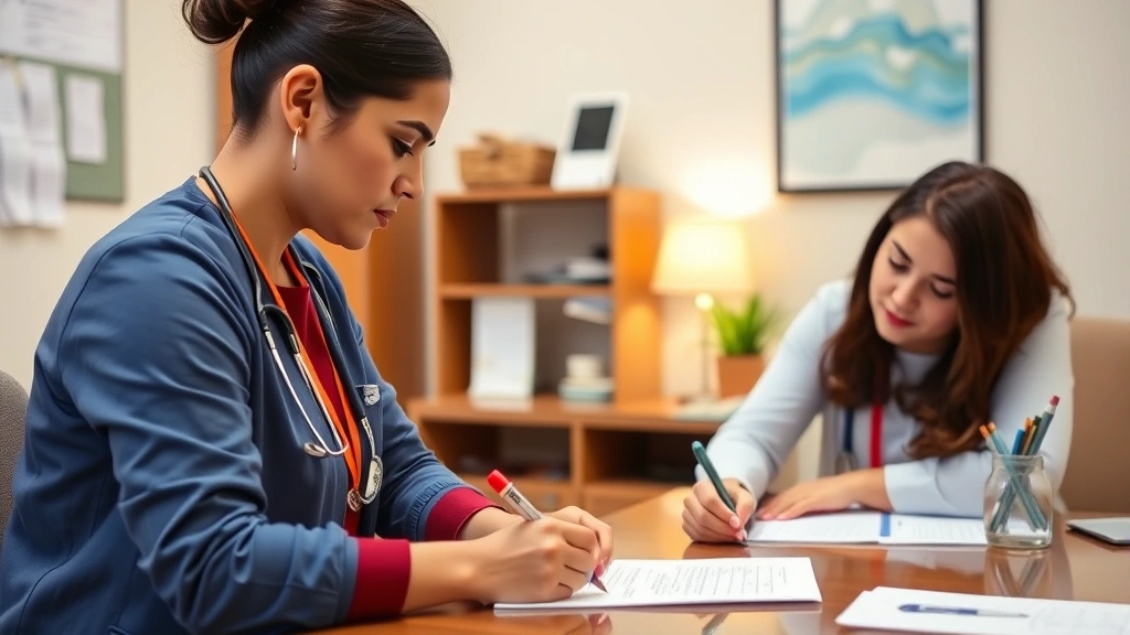 Therapist at desk writing documentation with professional credentials visible, warm office setting, healthcare provider