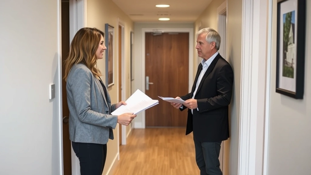 Tenant handing documents to landlord in apartment hallway, respectful interaction, professional accommodation discussion