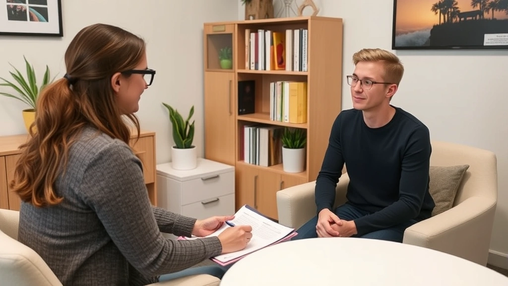Licensed mental health professional in clinical office conducting intake evaluation with college student during initial asses