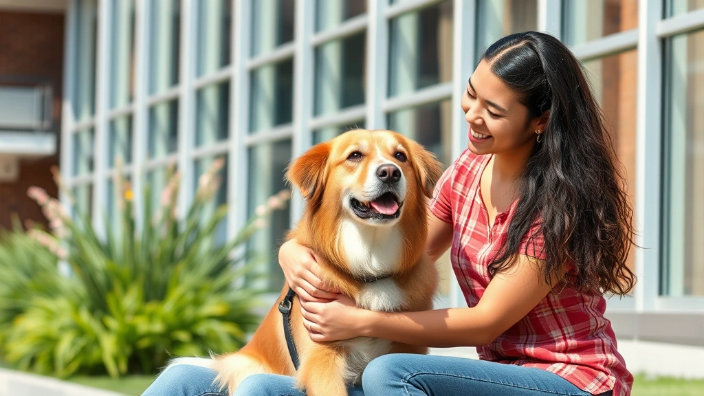 Student with calm emotional support dog sitting together in university campus common area near windows on sunny day