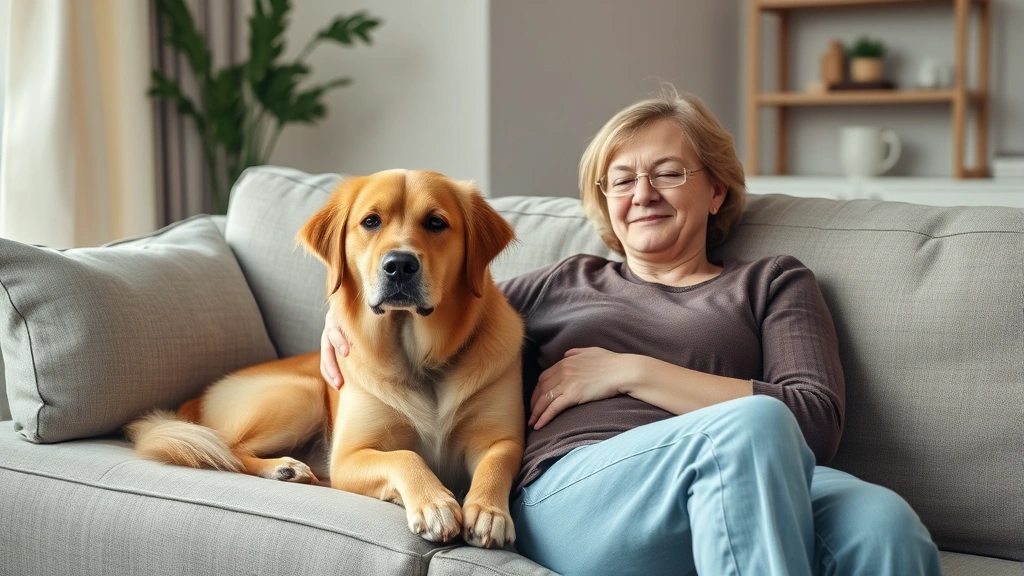 A person sitting peacefully on a couch with their emotional support dog, natural lighting, calm home environment, showing the