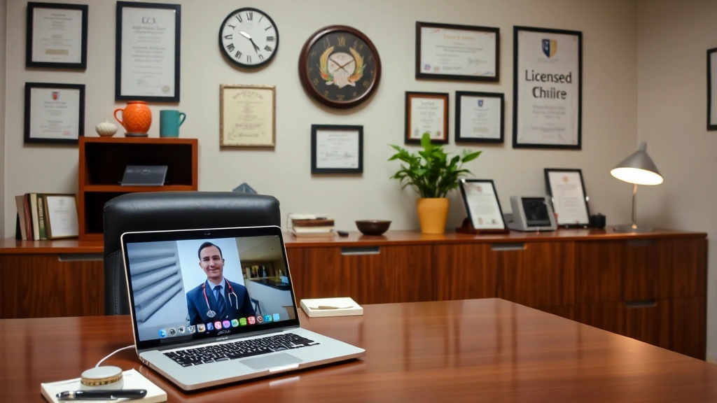 A licensed therapist's office desk with professional credentials on wall, laptop showing telehealth session, warm welcoming c