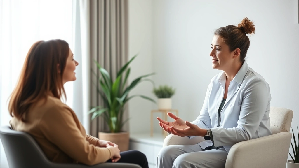 Licensed therapist in professional office speaking with patient near window, warm natural lighting, supportive environment, e
