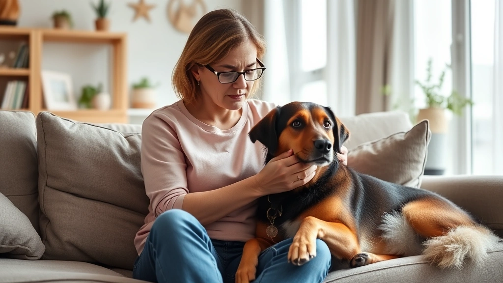 Woman sitting on couch with calm dog beside her, peaceful home interior, natural daylight, showing emotional support and comp