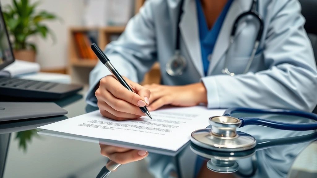 Healthcare provider at desk writing on letterhead with stethoscope visible, professional medical office setting, documentatio