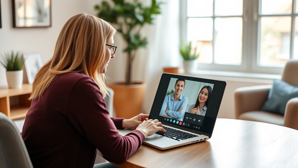 Licensed therapist conducting video consultation with patient on laptop, warm office setting, professional appearance, natura
