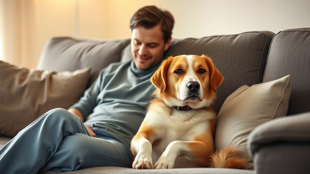 Person sitting on couch with calm dog, genuine emotional comfort moment, natural home setting, peaceful expression, warm ligh