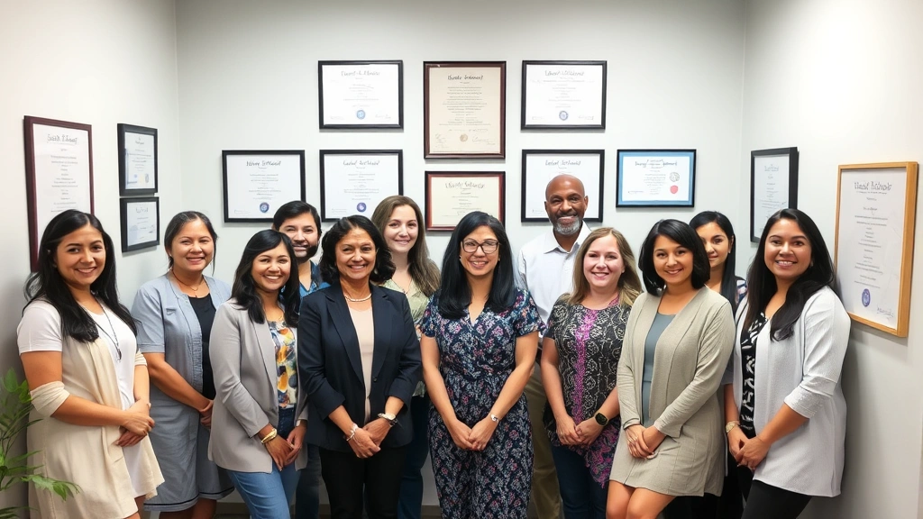 Diverse group of mental health professionals in clinical office, displaying license certificates on walls, welcoming environm