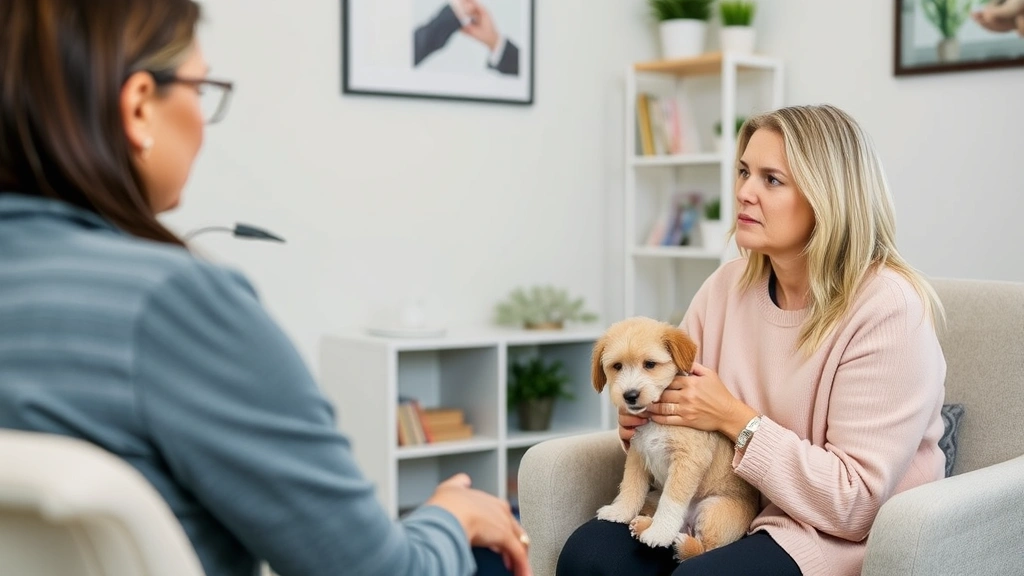 Licensed therapist in professional office conducting mental health consultation with patient discussing emotional support ani