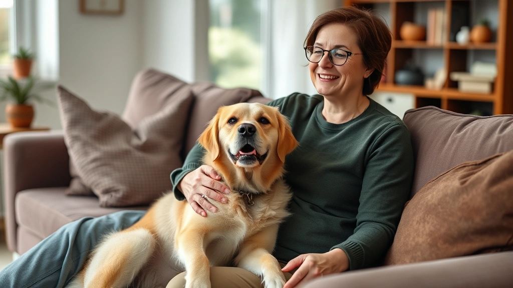 Person sitting peacefully with their emotional support dog at home, both relaxed and comfortable in living room setting
