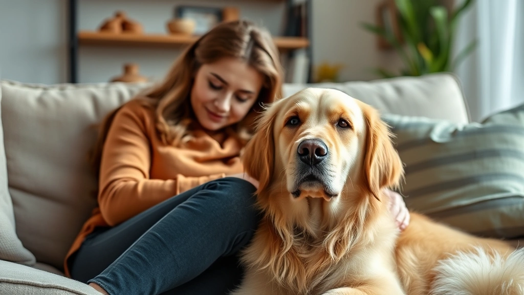 Woman sitting on couch with calm golden retriever providing emotional comfort at home