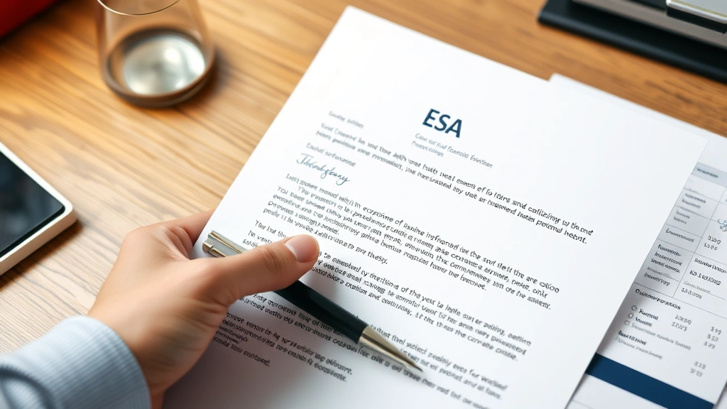 Person holding official ESA letter document from mental health provider on desk with pen