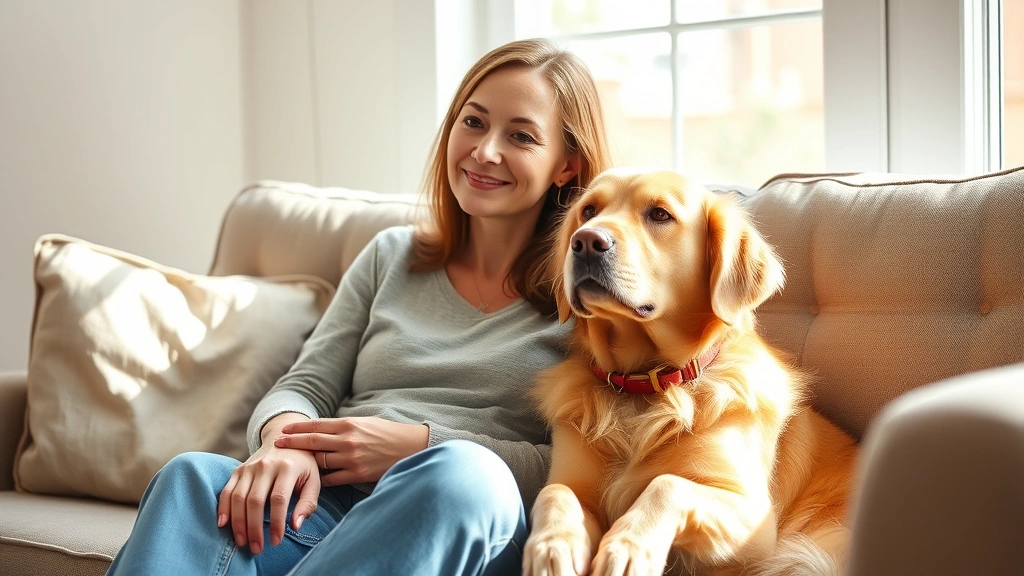 Woman sitting on couch with golden retriever at her side, natural sunlight, calm peaceful expression, both looking toward win