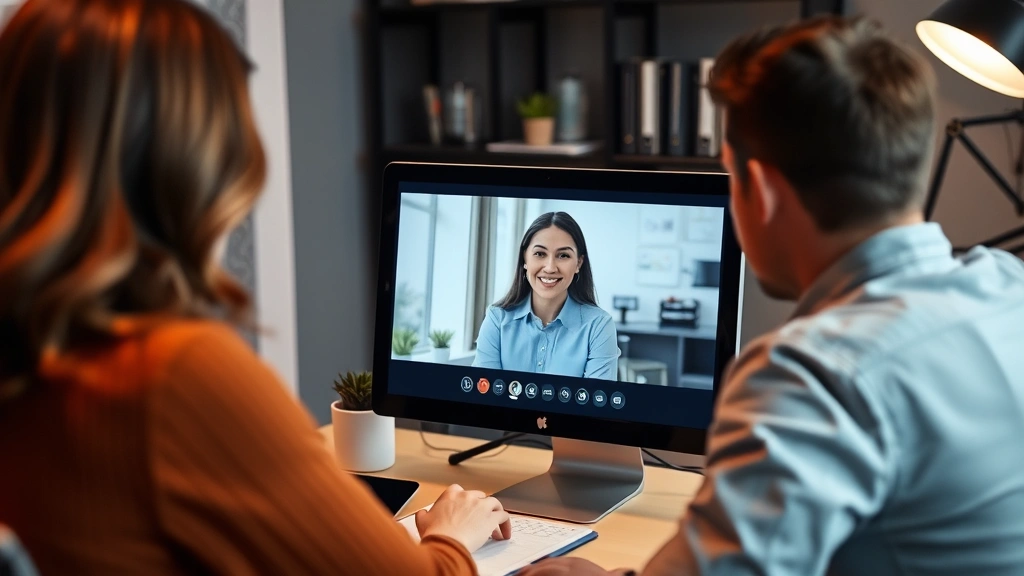Person at computer during video call with therapist, warm lighting, professional setting, notepad visible, focused and engage