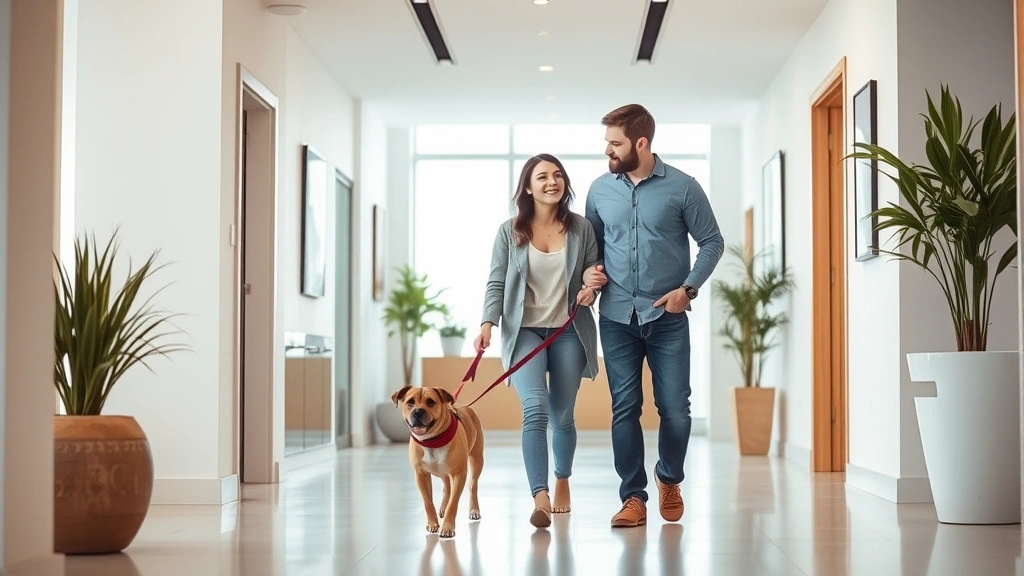 Couple walking through apartment building lobby with small dog on leash, bright modern interior, happy relaxed atmosphere, na