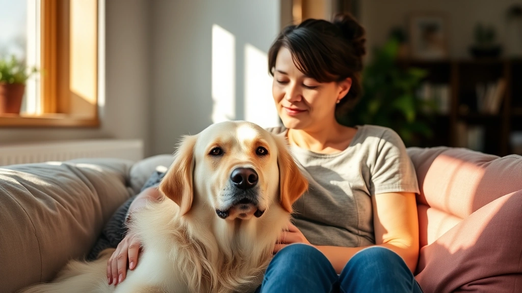 Woman sitting on couch with calm golden retriever, natural sunlight through window, peaceful expression, home setting