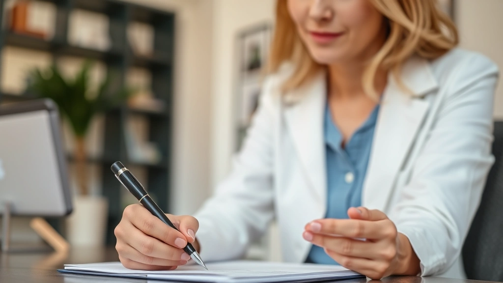 Close-up of licensed therapist taking notes during virtual consultation, professional office background, warm lighting