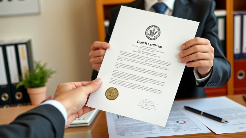Person holding official legal document with certified seal, organized desk with filing system, professional environment