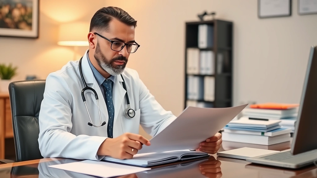 Licensed mental health professional sitting at desk reviewing documents with stethoscope and medical credentials visible, war