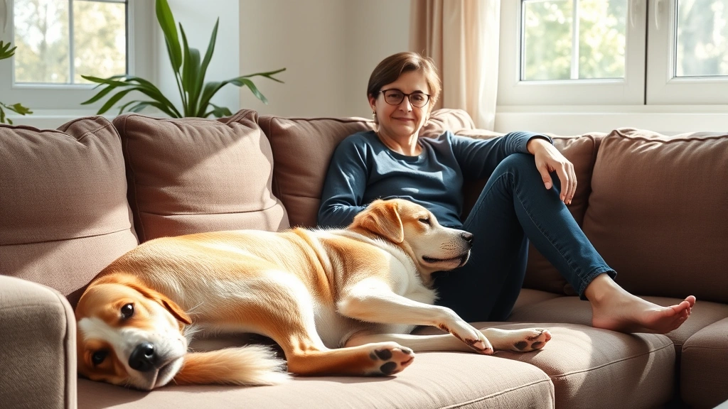 Calm person sitting on couch with emotional support dog lying beside them, natural sunlight through window, peaceful home env