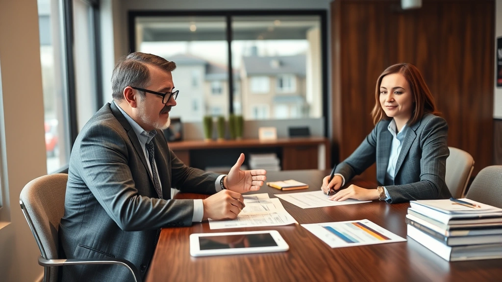 Landlord and tenant meeting at table reviewing housing documents with positive body language, professional office setting wit