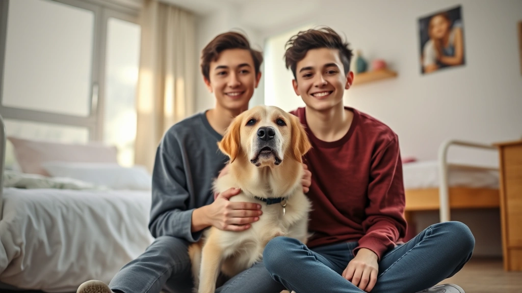 Student with emotional support dog sitting together in calm dormitory room, natural light, peaceful expression