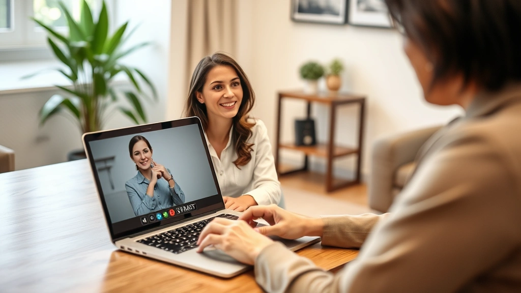 Licensed therapist conducting video consultation on laptop, professional office setting, welcoming demeanor, notepad visible