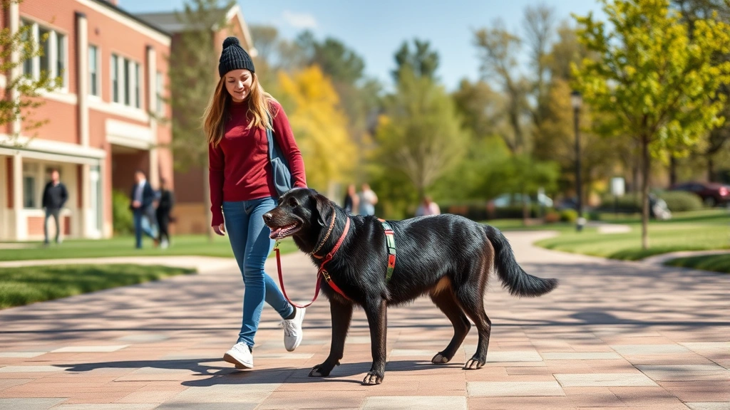 Emotional support animal and student walking across college campus grounds, sunny day, relaxed body language, natural interac