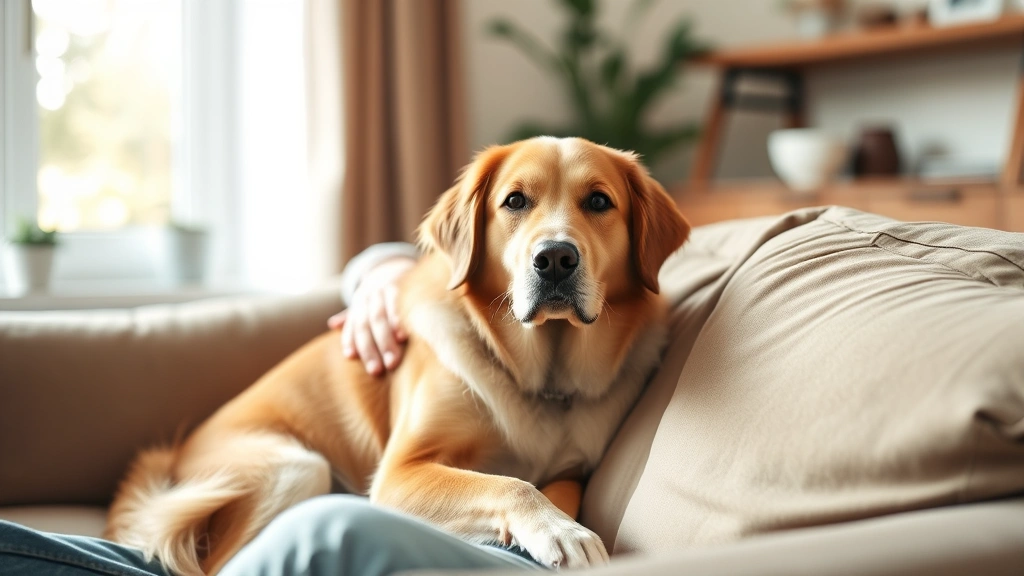 Person sitting comfortably on couch with calm emotional support dog, natural light, peaceful home setting, genuine therapeuti