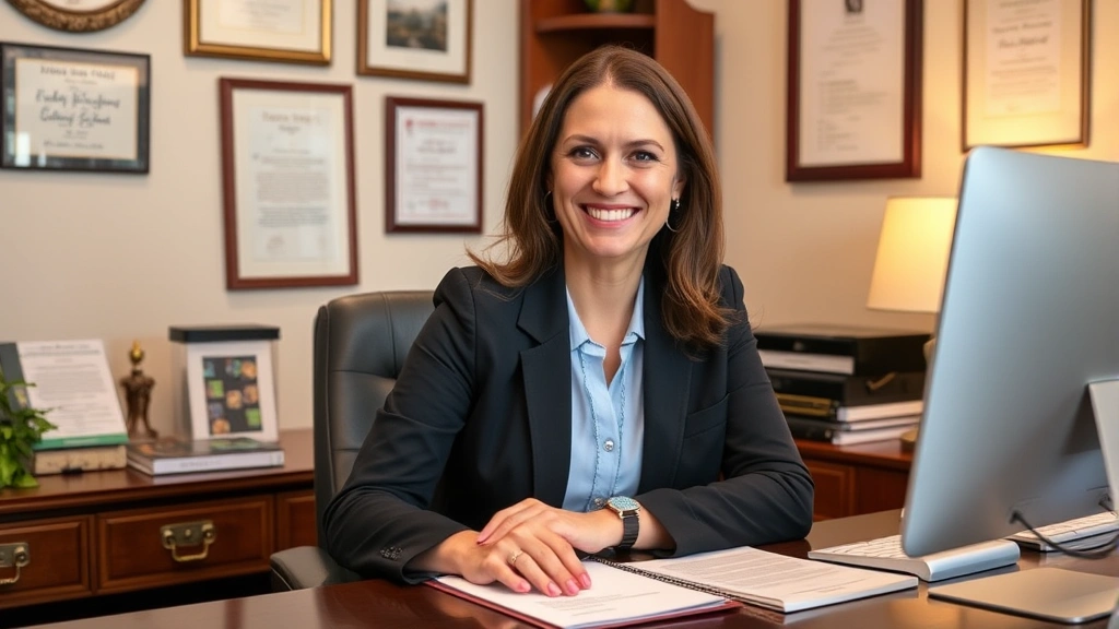Professional licensed therapist at desk with computer, warm office environment, showing credentials and professional letterhe