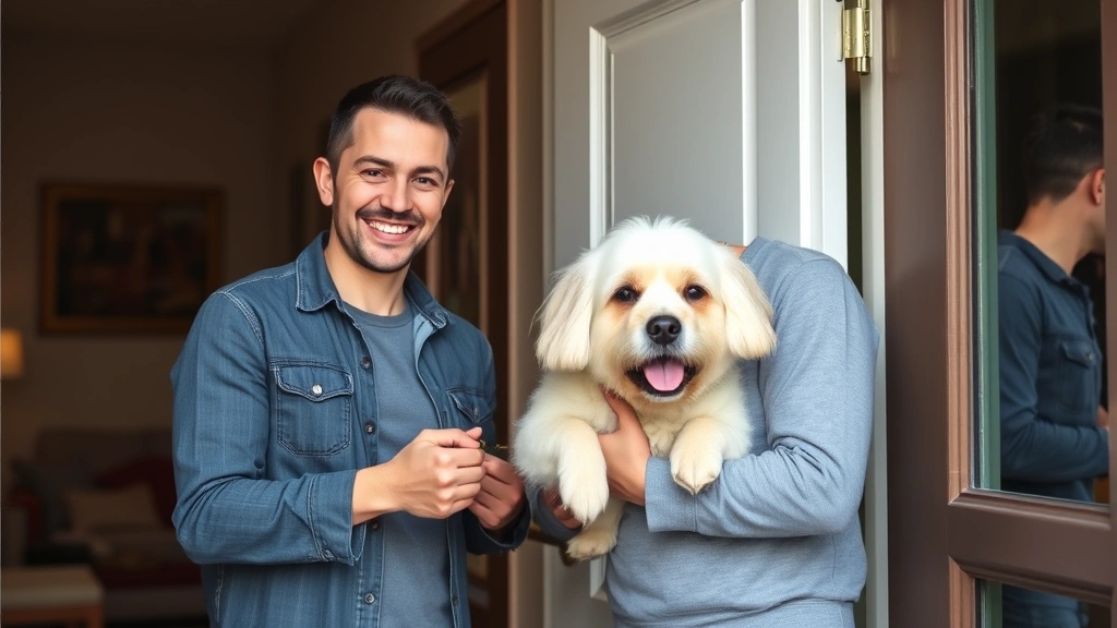 Happy couple receiving keys to new apartment with their emotional support animal, celebration moment, welcoming home environm