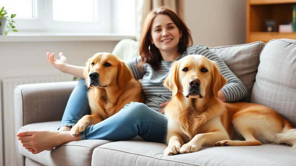 Peaceful woman sitting on couch with calm golden retriever dog beside her, natural window light, cozy home setting, both look