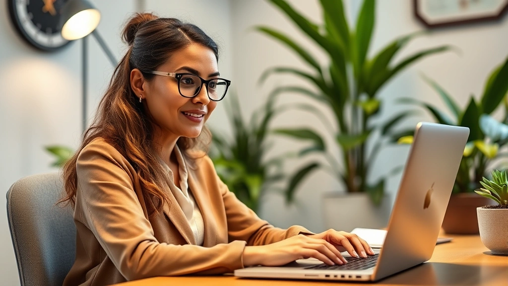 Diverse mental health professional woman in clinical office during video call on laptop, warm lighting, professional but appr