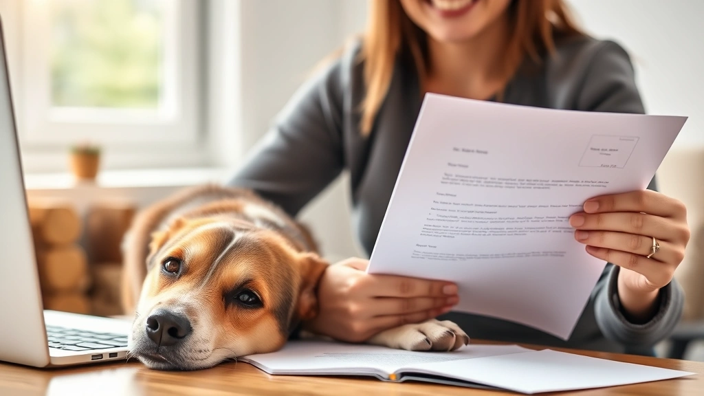 Person holding official letter document with relief expression, sitting at desk with emotional support dog resting head on th