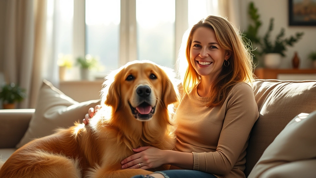 Woman smiling while sitting on couch with golden retriever dog, sunlit living room, warm natural lighting, peaceful home envi