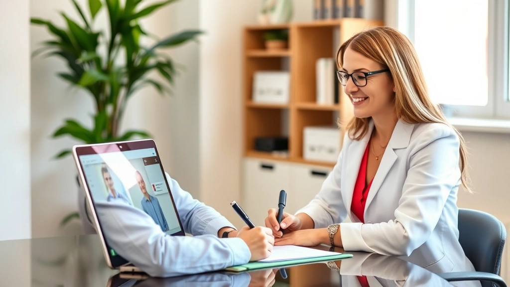 Therapist at desk writing notes during video consultation on laptop, professional office setting, caring expression, natural
