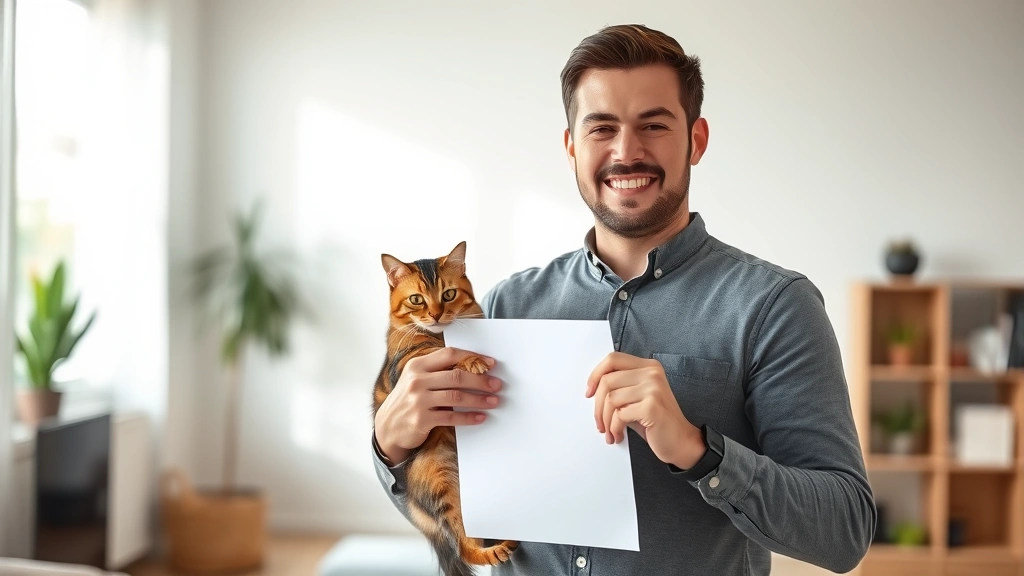 Person holding official letter document while standing with cat in arms, indoors, bright apartment background, confident sati
