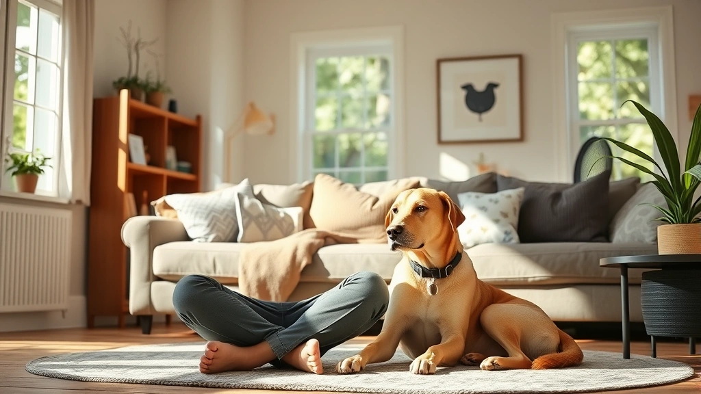 Person sitting peacefully with a calm dog beside them in a bright living room, natural sunlight streaming through windows, sh