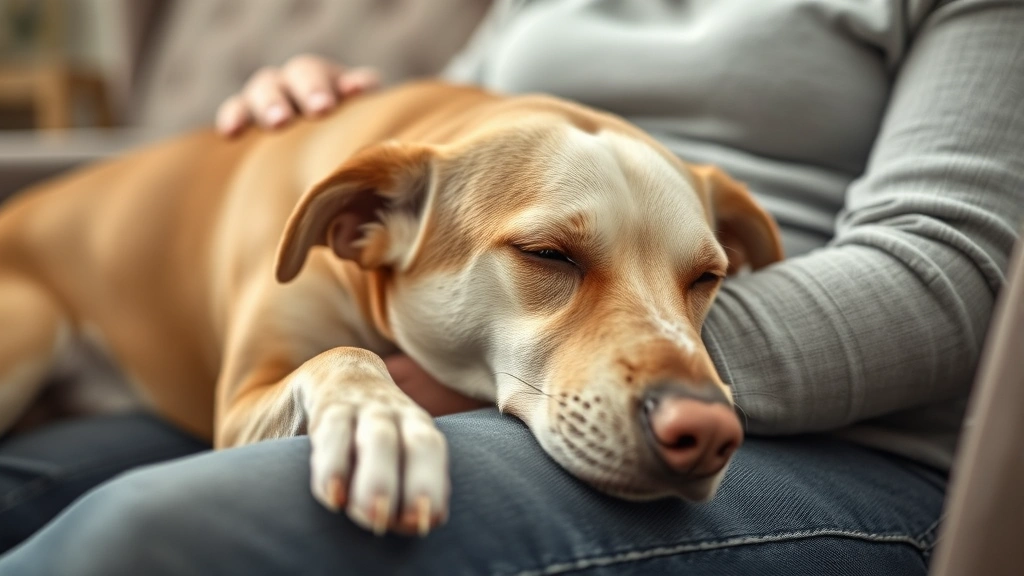 Close-up of a supportive emotional support animal resting its head on a person's lap while they sit on a couch, showing the b